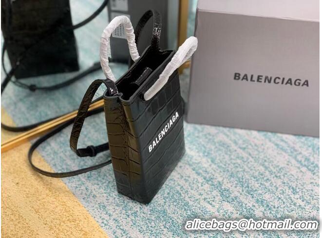 Best Price Balenciaga Original shiny crocodile embossed leather Mini Shopper Bag B152865 black