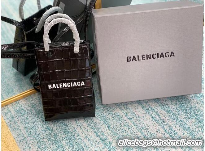 Best Price Balenciaga Original shiny crocodile embossed leather Mini Shopper Bag B152865 black