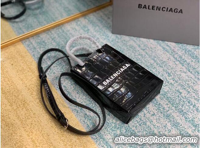 Best Price Balenciaga Original shiny crocodile embossed leather Mini Shopper Bag B152865 black