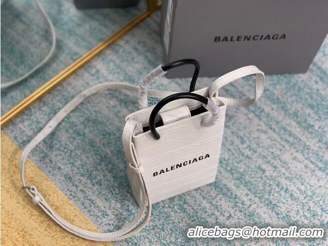 Market Sells Balenciaga Original shiny crocodile embossed leather Mini Shopper Bag B152865 white