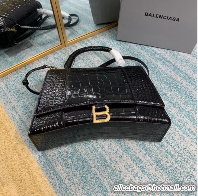 Top Grade Balenciaga HOURGLASS MEDIUM TOP HANDLE BAG B108892E black&aged-gold hardware