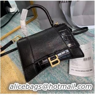 Good Product Balenciaga Hourglass Small Top Handle Bag crocodile embossed calfskin B108891E black