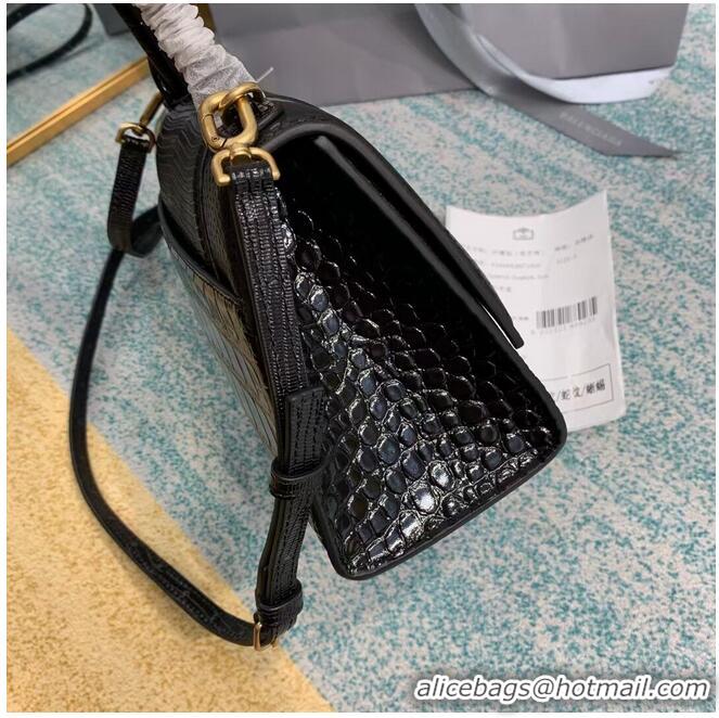 Good Product Balenciaga Hourglass Small Top Handle Bag crocodile embossed calfskin B108891E black