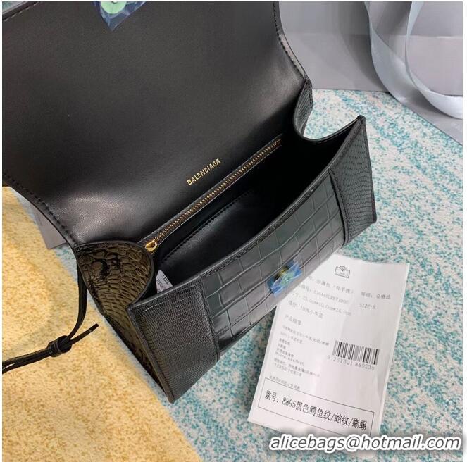 Good Product Balenciaga Hourglass Small Top Handle Bag crocodile embossed calfskin B108891E black