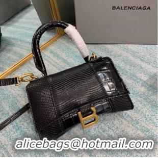 Super Quality Balenciaga Hourglass XS Top Handle Bag shiny crocodile embossed calfskin B108892E black