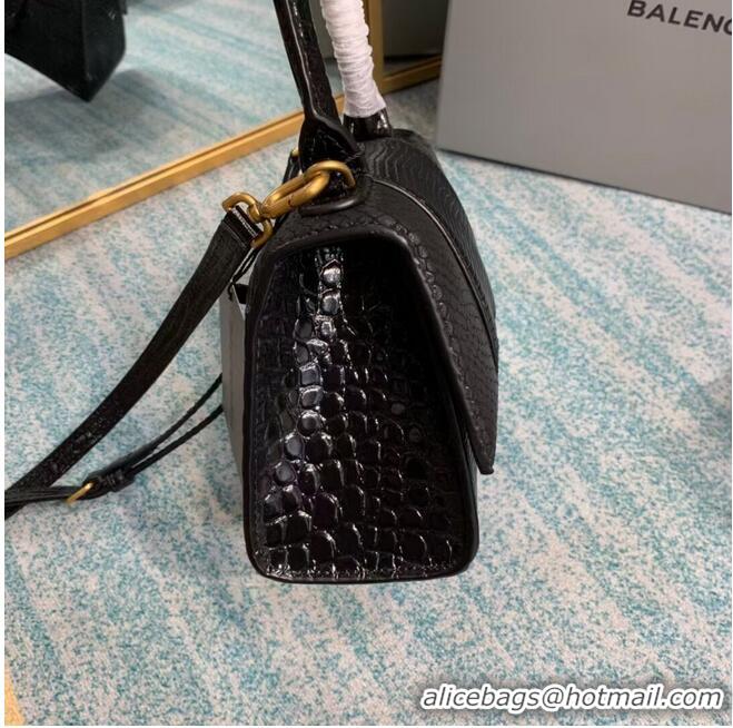 Super Quality Balenciaga Hourglass XS Top Handle Bag shiny crocodile embossed calfskin B108892E black