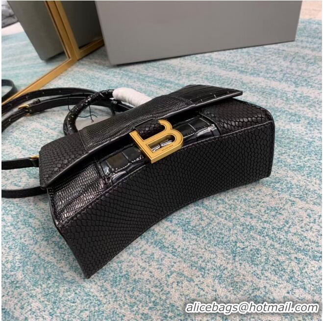 Super Quality Balenciaga Hourglass XS Top Handle Bag shiny crocodile embossed calfskin B108892E black