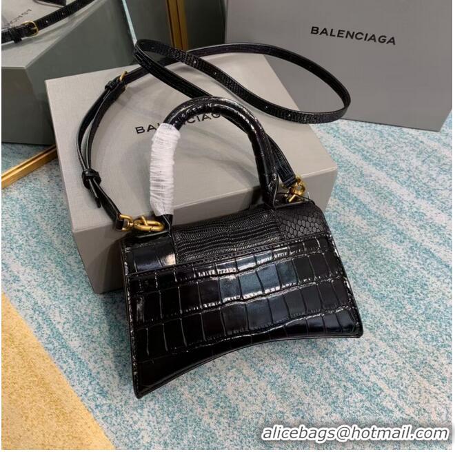 Super Quality Balenciaga Hourglass XS Top Handle Bag shiny crocodile embossed calfskin B108892E black