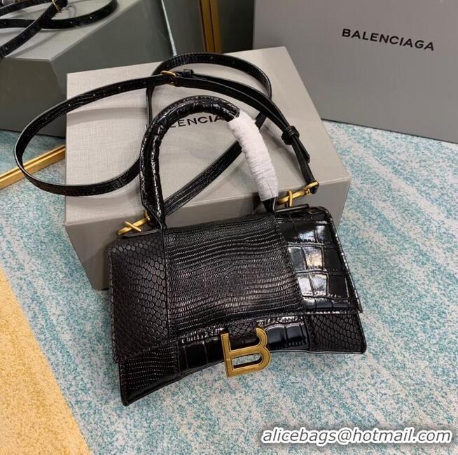 Super Quality Balenciaga Hourglass XS Top Handle Bag shiny crocodile embossed calfskin B108892E black