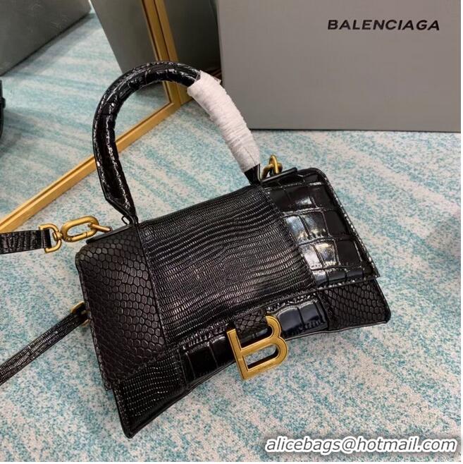 Super Quality Balenciaga Hourglass XS Top Handle Bag shiny crocodile embossed calfskin B108892E black