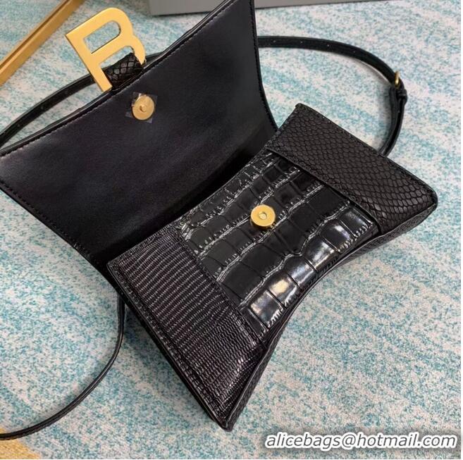 Super Quality Balenciaga Hourglass XS Top Handle Bag shiny crocodile embossed calfskin B108892E black