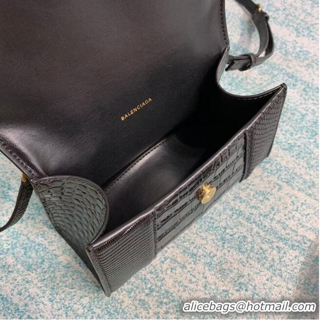 Super Quality Balenciaga Hourglass XS Top Handle Bag shiny crocodile embossed calfskin B108892E black