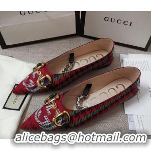 Discount Gucci Houndstooth and Stripe Ballet Flat with Horsebit 010927 Red/Green