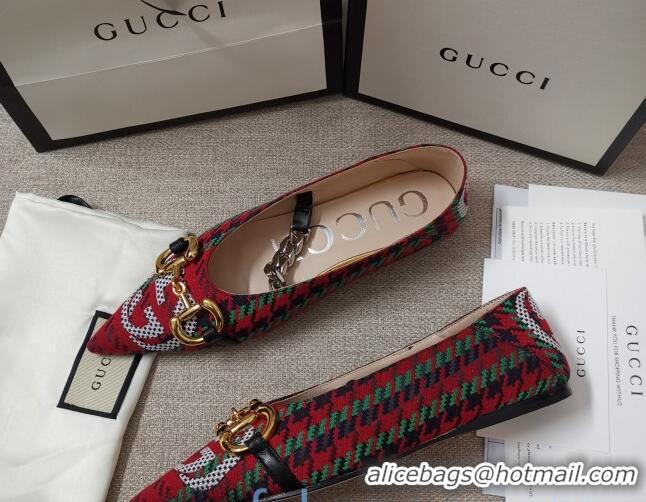 Discount Gucci Houndstooth and Stripe Ballet Flat with Horsebit 010927 Red/Green