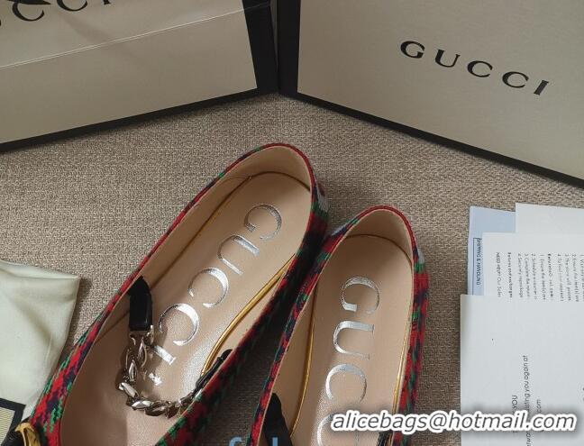 Discount Gucci Houndstooth and Stripe Ballet Flat with Horsebit 010927 Red/Green