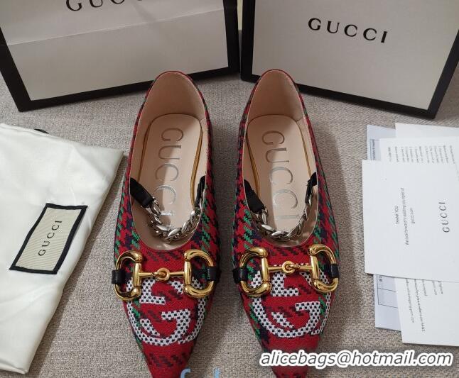 Discount Gucci Houndstooth and Stripe Ballet Flat with Horsebit 010927 Red/Green