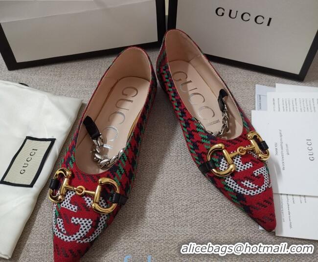 Discount Gucci Houndstooth and Stripe Ballet Flat with Horsebit 010927 Red/Green