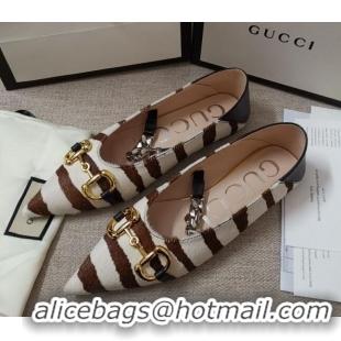 Best Luxury Gucci Striped Horse Fur Ballet Flat with Horsebit 010928 White/Brown 2021