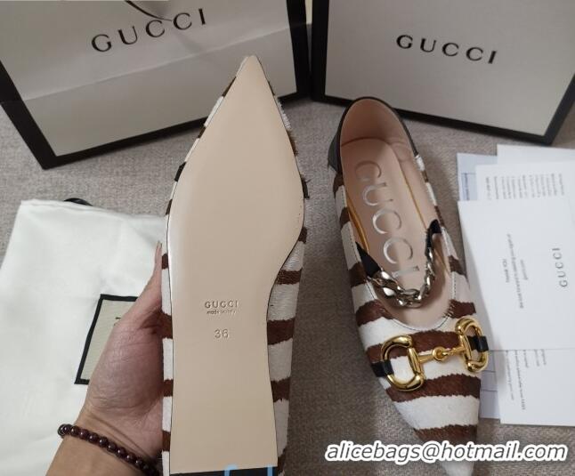 Best Luxury Gucci Striped Horse Fur Ballet Flat with Horsebit 010928 White/Brown 2021