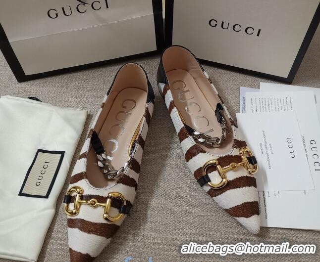 Best Luxury Gucci Striped Horse Fur Ballet Flat with Horsebit 010928 White/Brown 2021