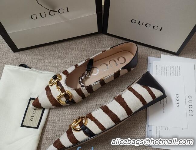 Best Luxury Gucci Striped Horse Fur Ballet Flat with Horsebit 010928 White/Brown 2021