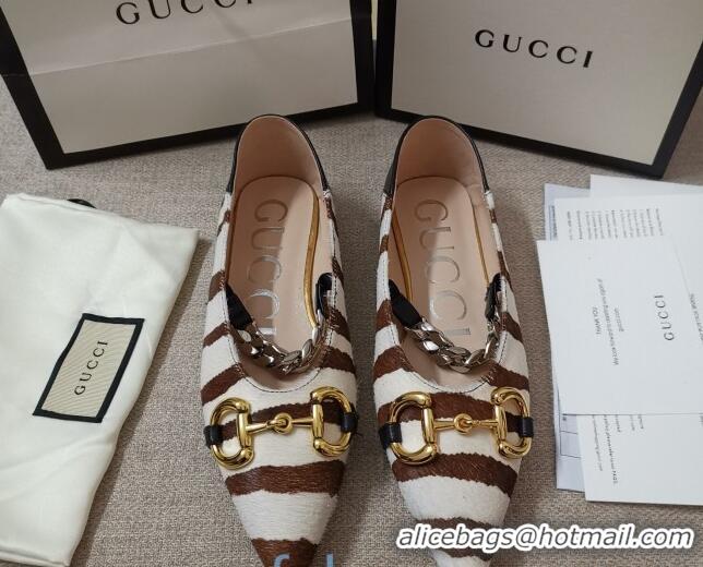 Best Luxury Gucci Striped Horse Fur Ballet Flat with Horsebit 010928 White/Brown 2021