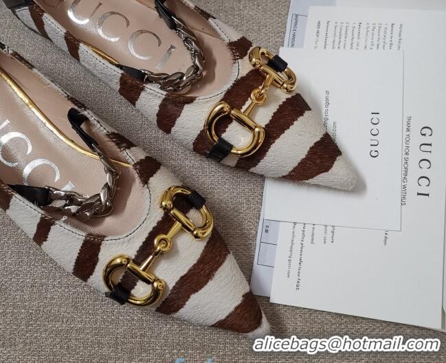 Best Luxury Gucci Striped Horse Fur Ballet Flat with Horsebit 010928 White/Brown 2021