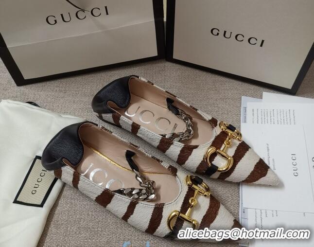 Best Luxury Gucci Striped Horse Fur Ballet Flat with Horsebit 010928 White/Brown 2021