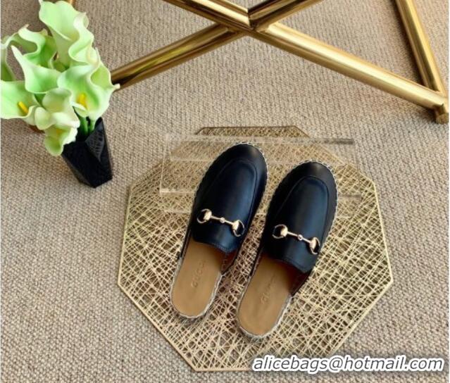 Super Quality Gucci Jordaan Leather Espadrille Flat Mules 011121 Black 2021