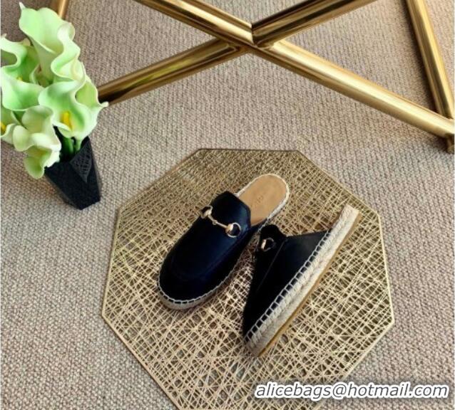 Super Quality Gucci Jordaan Leather Espadrille Flat Mules 011121 Black 2021