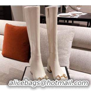 Super Quality Gucci Calfskin Knee-high Boot with Horsebit and 7.5cm Heel 012284 White