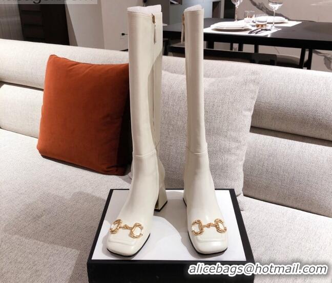 Super Quality Gucci Calfskin Knee-high Boot with Horsebit and 7.5cm Heel 012284 White