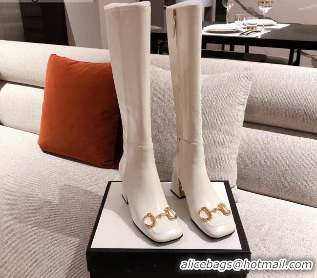 Super Quality Gucci Calfskin Knee-high Boot with Horsebit and 7.5cm Heel 012284 White