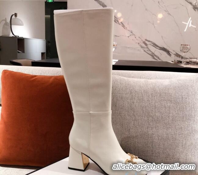 Super Quality Gucci Calfskin Knee-high Boot with Horsebit and 7.5cm Heel 012284 White