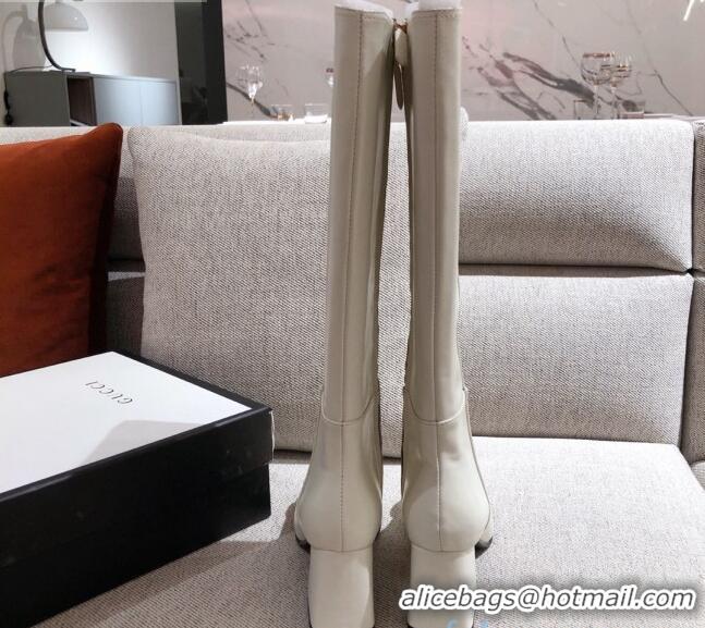 Super Quality Gucci Calfskin Knee-high Boot with Horsebit and 7.5cm Heel 012284 White