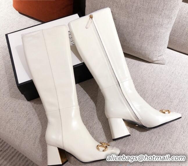 Super Quality Gucci Calfskin Knee-high Boot with Horsebit and 7.5cm Heel 012284 White