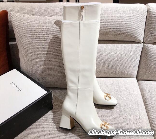 Super Quality Gucci Calfskin Knee-high Boot with Horsebit and 7.5cm Heel 012284 White