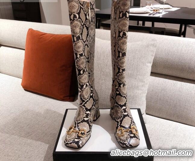 New Style Gucci Python Print Leather Knee-high Boot with Horsebit and 7.5cm Heel 012284