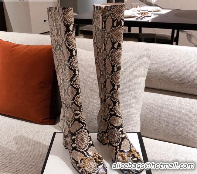 New Style Gucci Python Print Leather Knee-high Boot with Horsebit and 7.5cm Heel 012284