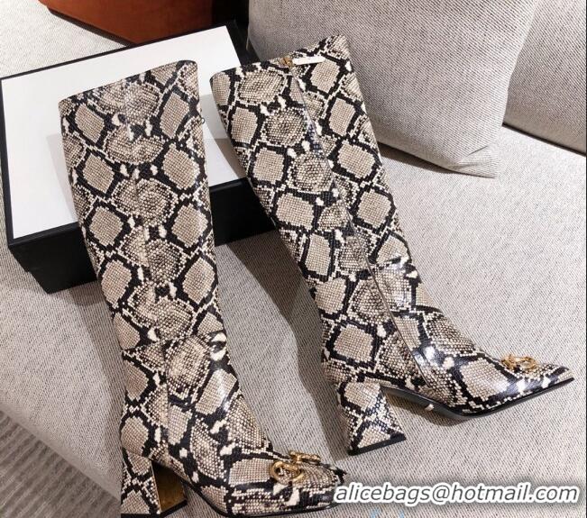 New Style Gucci Python Print Leather Knee-high Boot with Horsebit and 7.5cm Heel 012284