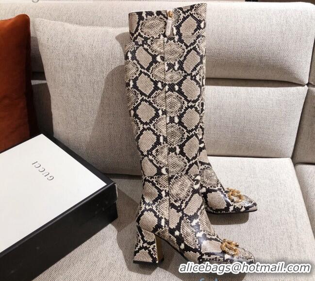 New Style Gucci Python Print Leather Knee-high Boot with Horsebit and 7.5cm Heel 012284