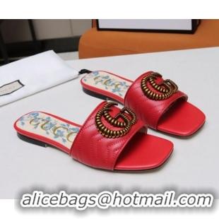 Most Popular Gucci Calfskin Flat Slide Sandals with Aged Gold GG 012501 Red