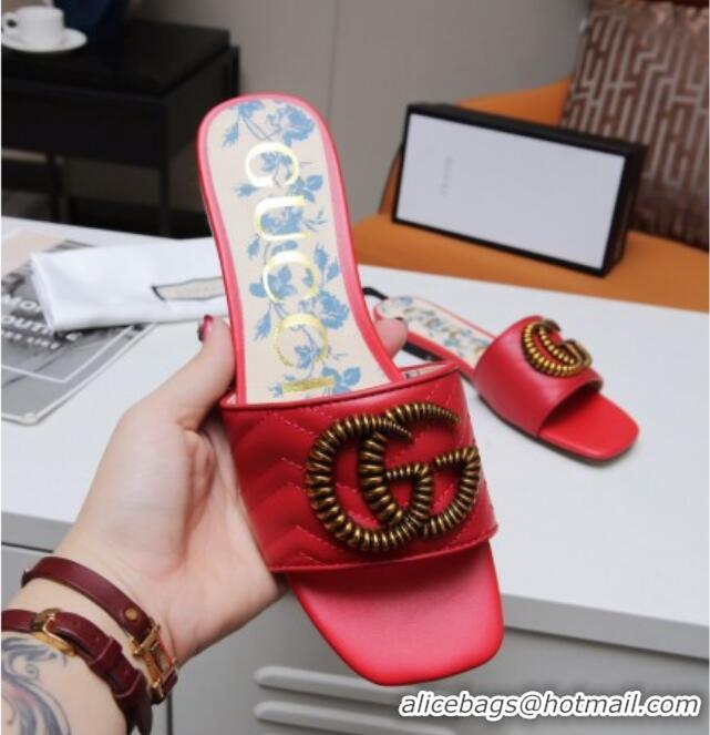 Most Popular Gucci Calfskin Flat Slide Sandals with Aged Gold GG 012501 Red