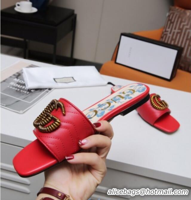 Most Popular Gucci Calfskin Flat Slide Sandals with Aged Gold GG 012501 Red