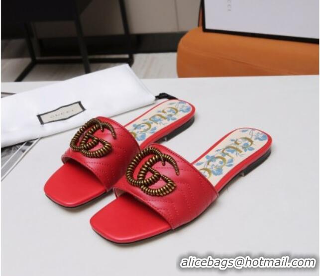 Most Popular Gucci Calfskin Flat Slide Sandals with Aged Gold GG 012501 Red