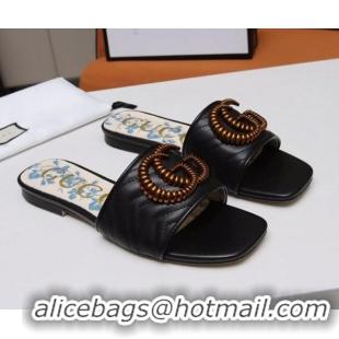 Low Price Gucci Calfskin Flat Slide Sandals with Aged Gold GG 012501 Black