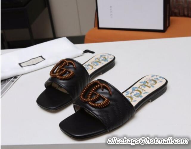 Low Price Gucci Calfskin Flat Slide Sandals with Aged Gold GG 012501 Black