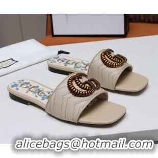 Best Price Gucci Calfskin Flat Slide Sandals with Aged Gold GG 012501 Apricot