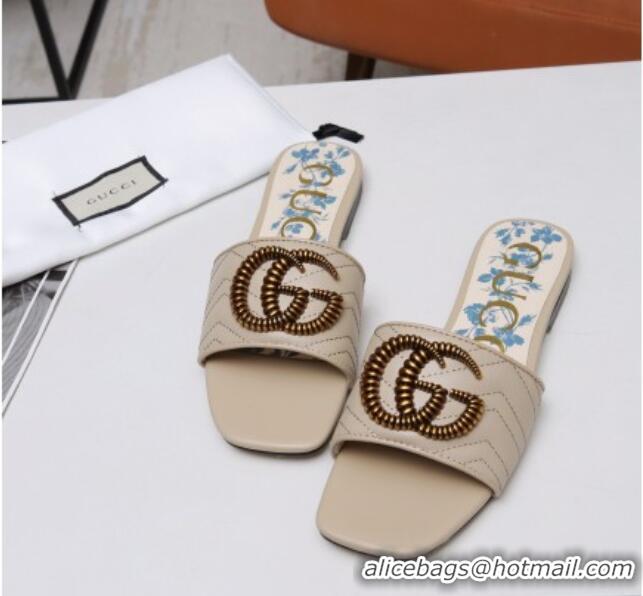 Best Price Gucci Calfskin Flat Slide Sandals with Aged Gold GG 012501 Apricot