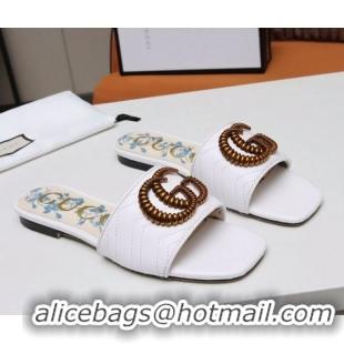 Cheapest Gucci Calfskin Flat Slide Sandals with Aged Gold GG 012501 White